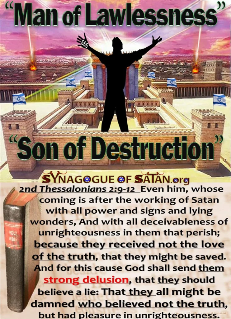 2 Thessalonians 2:9-12 Man of Lawlessness - Son of Destruction synagogueofsatan.org