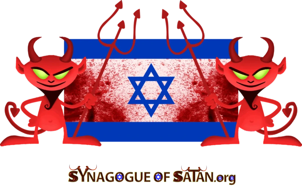 Israel Flag with Blood surrounded by demons - Synagogue of Satan